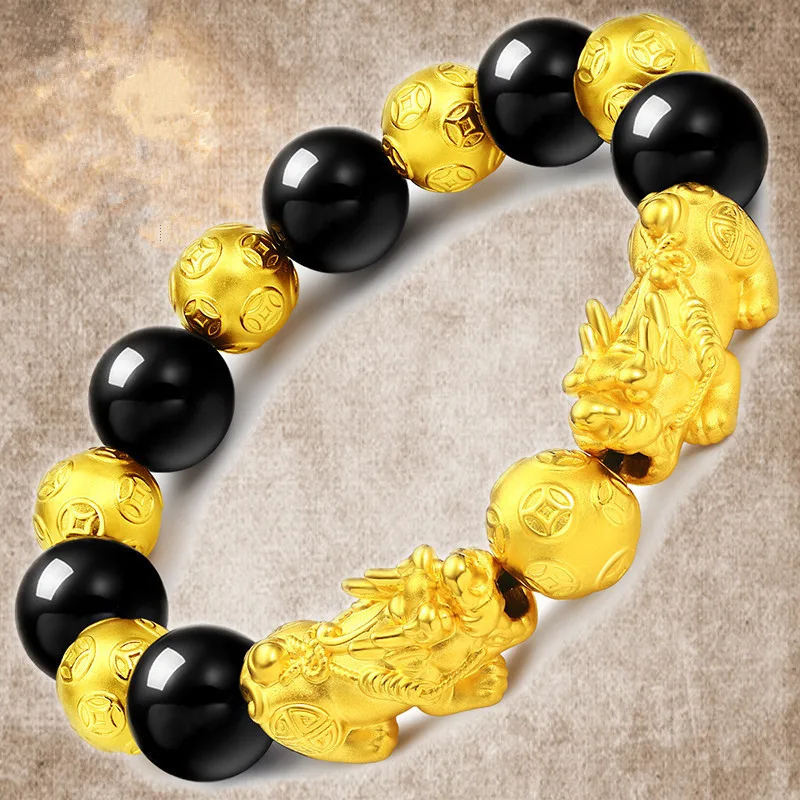 Couple 24K3D Real Gold 999 Pairs Of Pixiu Bracelets, Men'S And Women'S Jade Crafts, Agate Luxury Jewelry