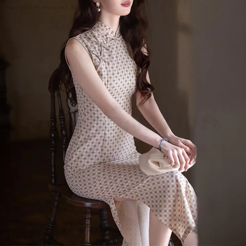 

Retro Long Qipao Sexy Sleeveless Slim Cheongsam 2026 Spring Summer New Chinese Traditional Dress Mandarin Collar Evening Gown