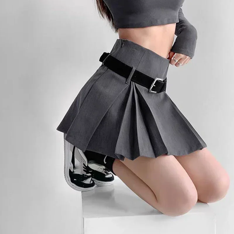 Preppy Style Pleated Skirt Gift Belt High Waist Women A-line Gray Skirt Shorts Preventing Awkwardness Pure Desire Korean Fashion