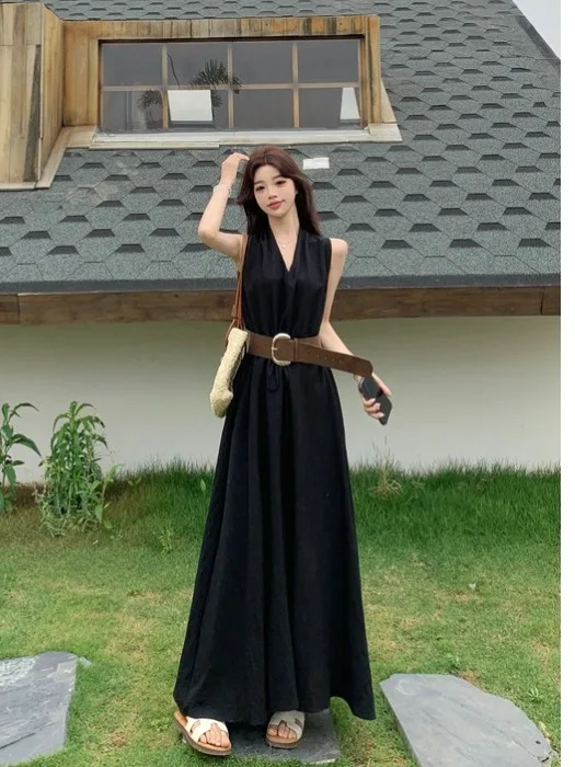 

plus Size Women's Bla Bal V-Ne Hanging Ne Dr Summer New Sle Waist-Cinching A-Line Long Dr Korean Sle