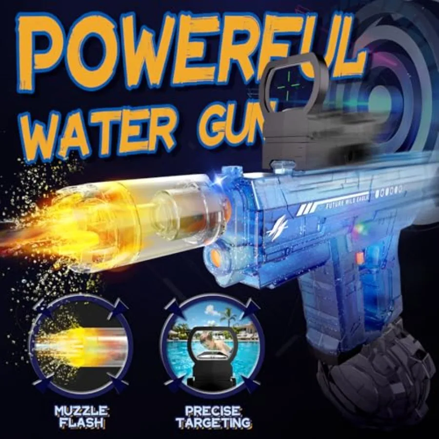 Outdoor summer water gun set for adults and kids: 800CC capacity, light-up automatic electric design, blue and orange, 26-33 ft