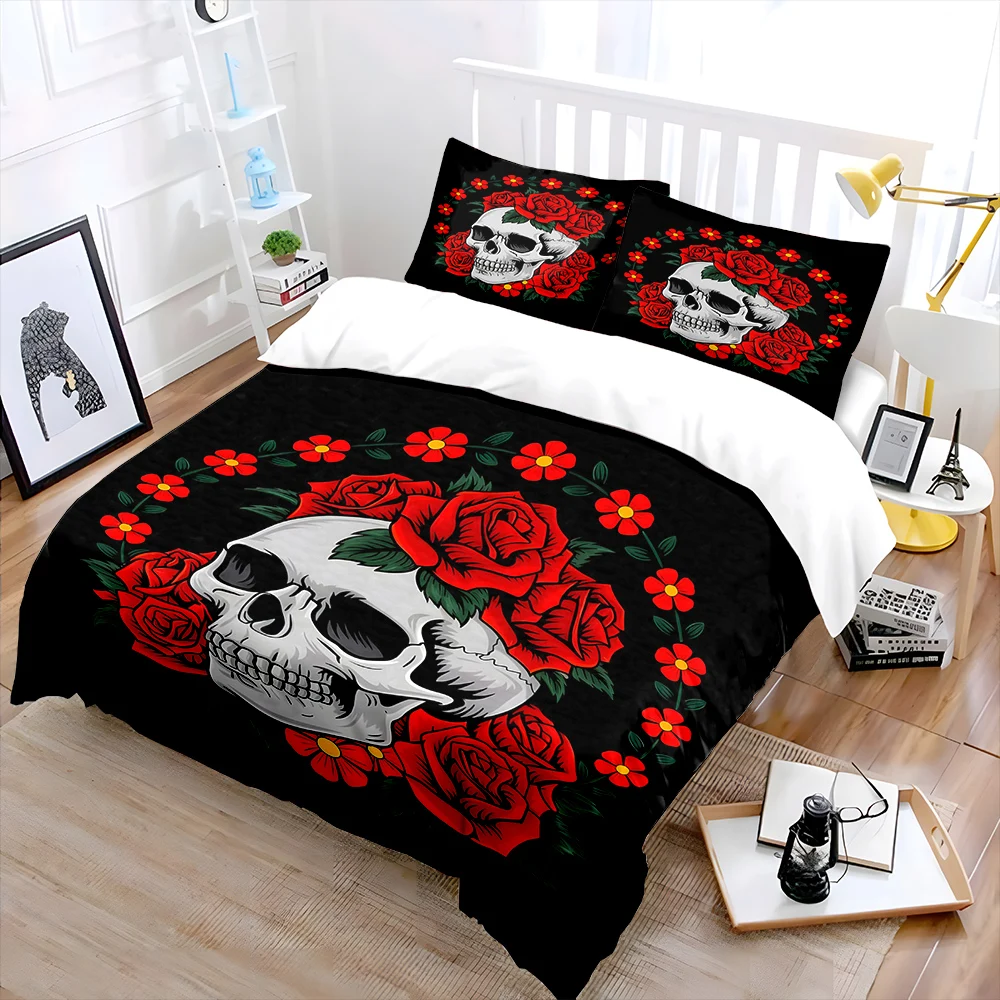 Skull Surrounded by Red Roses Bedding Set for Kids Luxury Gift 3pcs Digital Print Comforter Set Soft Comfortable Breathable