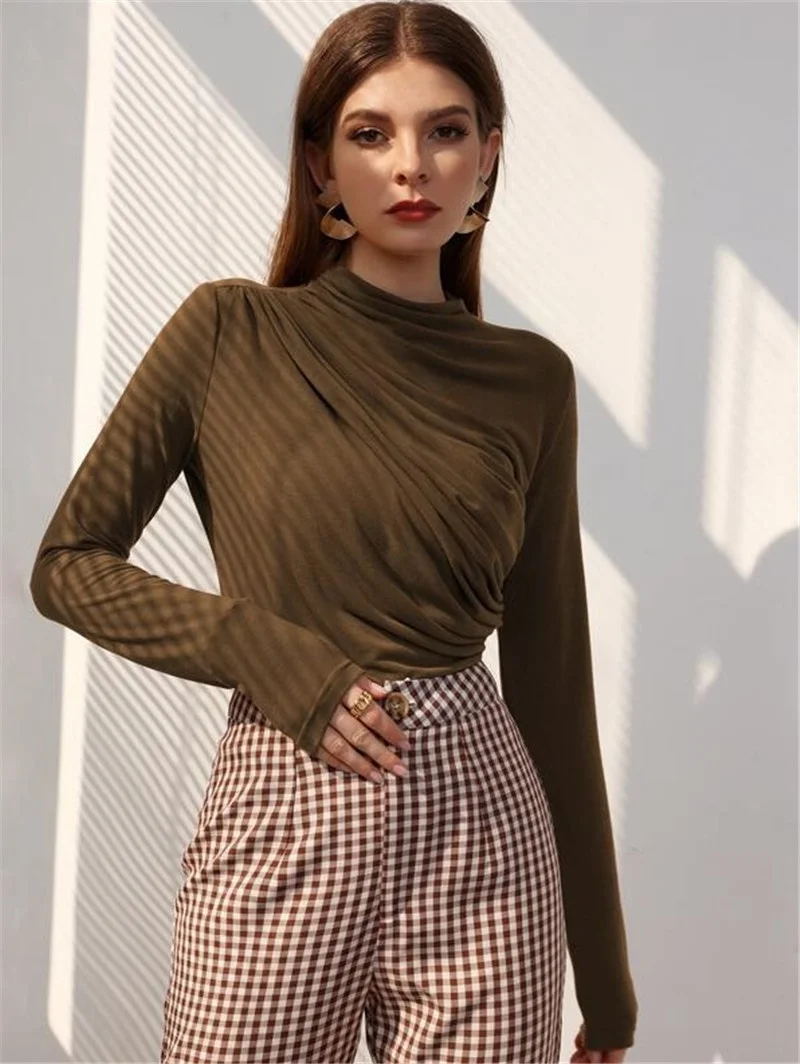 Sexy Solid Color Half High Collar Shirring Slim T Shirt Women Long Sleeves Bottoming Shirt Ladies Tee Shirt Tops Camisetas Mujer