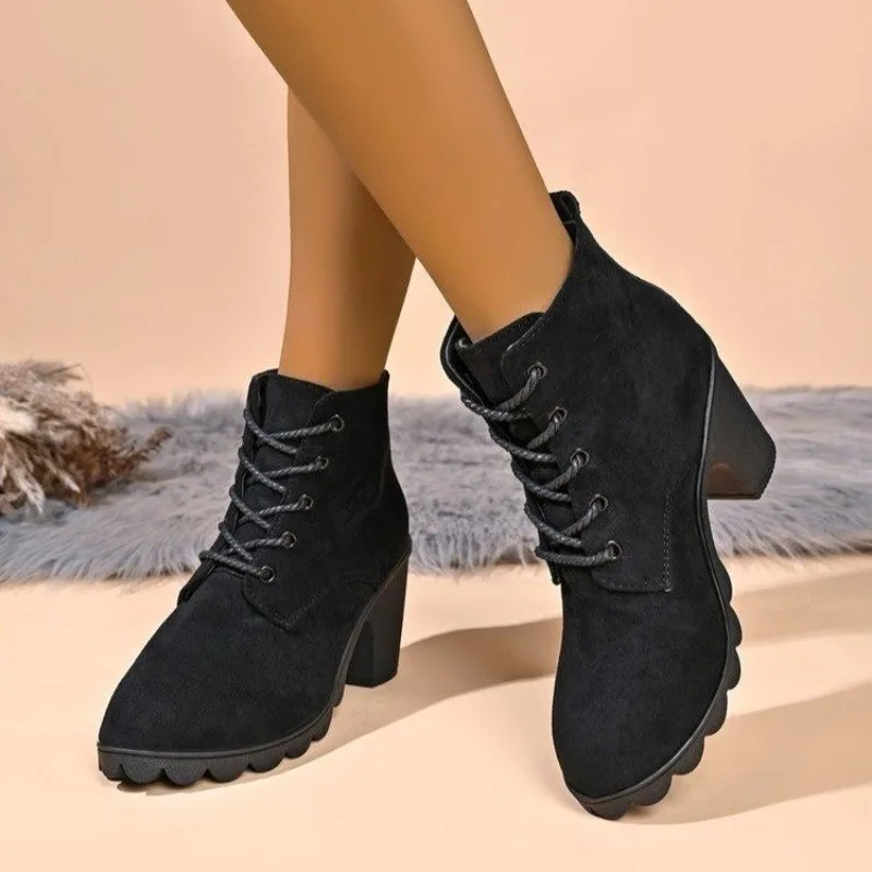 High Heeled Cotton Shoes Winter New Round Toe Lace-up Soft Sole Non-Slip Booties