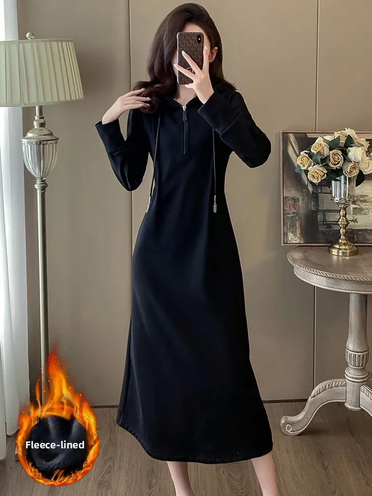 

Модное женское зимнее платье-толстовка с капюшоном, новое, с длинным рукавом, черное, приталенное, повседневное, спортивное, миди, А-силуэт