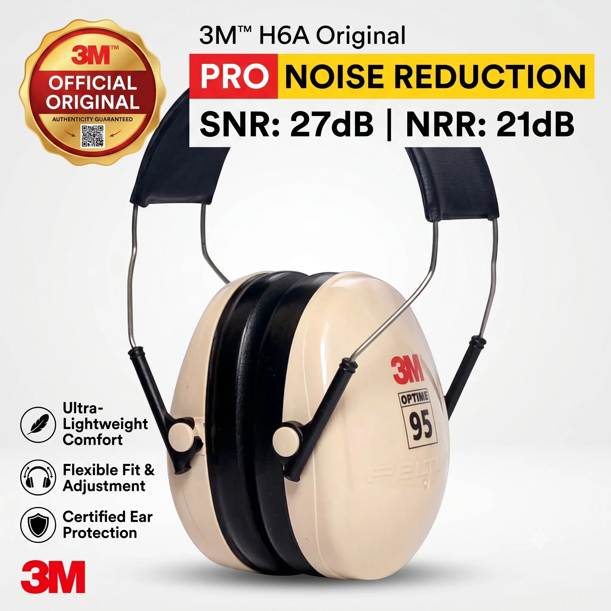 3M H6A Ultra Slim Noise Reduction Ear Muffs Lightweight Soundproof Earmuffs Hearing Protection for Work Study Sleep Safety PPE