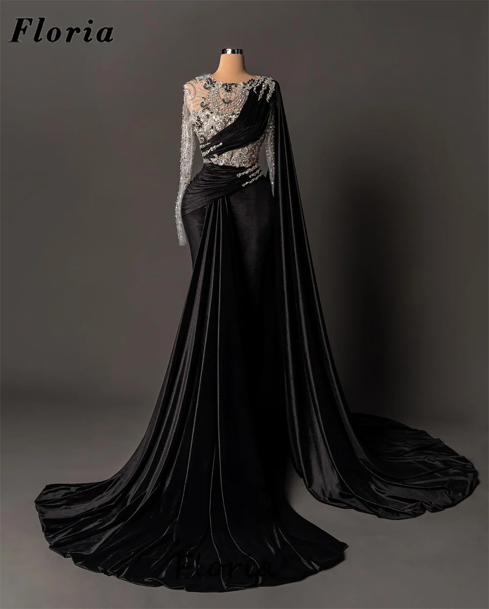 

Middle East Black Velvet Evening Dresses Plus Size Beaded Crystals Prom Dress Long Party Gowns Vestidos De Cóctel Customized