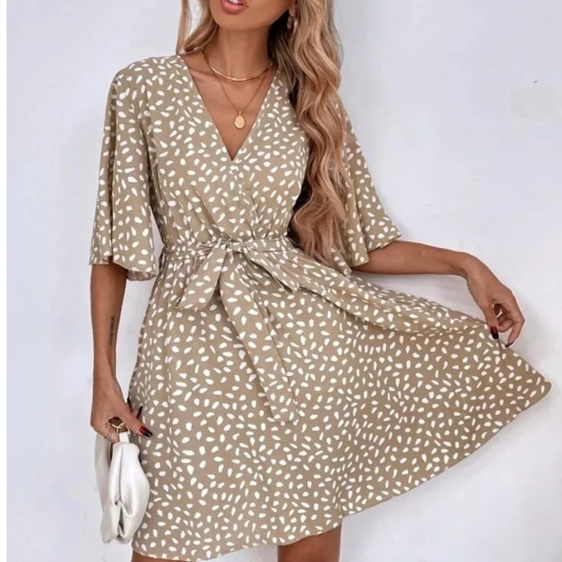Women Boho Print Dress 2025 Summer Elegant Short Sleeve V Neck A Line Dresses Casual Loose Beach Party Sundress