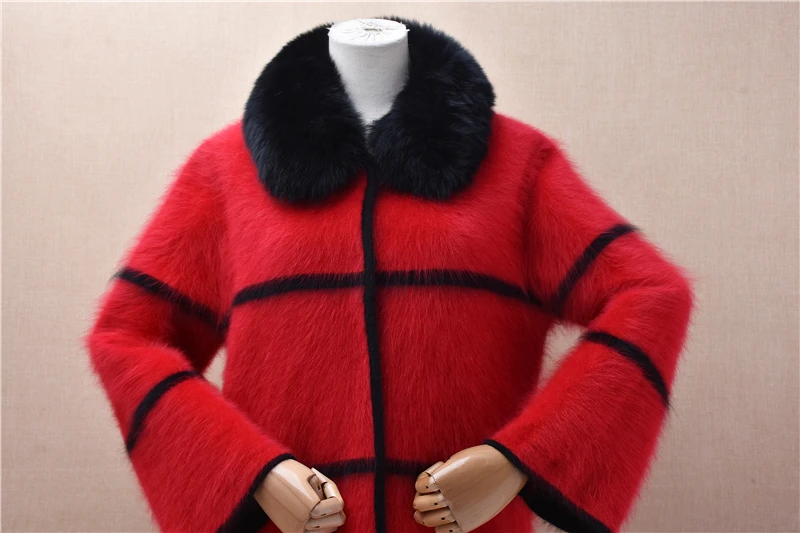 Heavy Thick Women Mujer Autumn Winter Hairy Mink Cashmere Knitted Fur Collar Loose Striped Cardigans Angora Fur Jacket Coat Pull