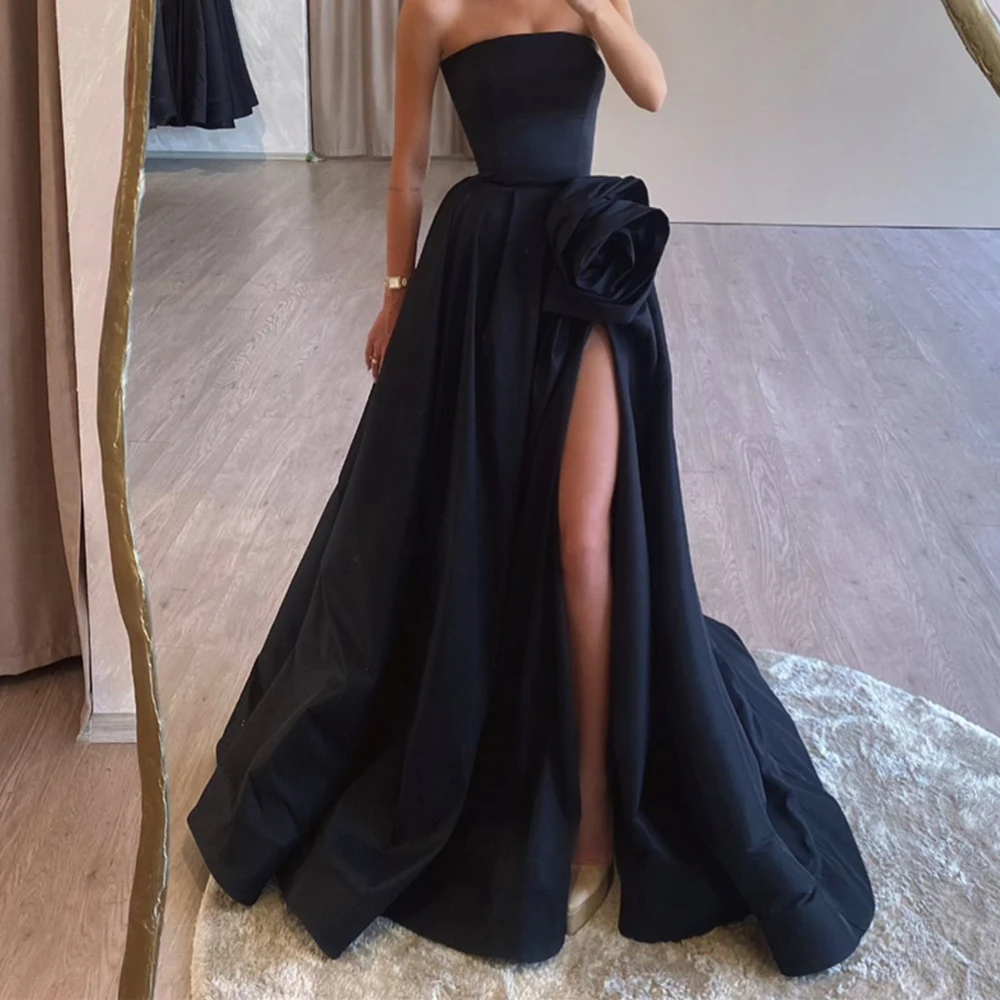 A-Line Strapless Sleeveless Backless Satin Floor Length Sweep Train Side Slit Flowers Zipper Back Custom Size Evening Dress 2024