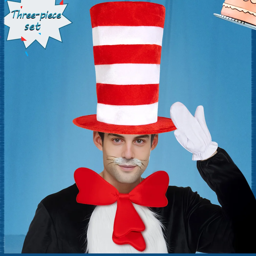 The Cat in The Hat Cosplay Set Dr. Seuss Stage Costume Red White Plush Tall Hat Full Kit