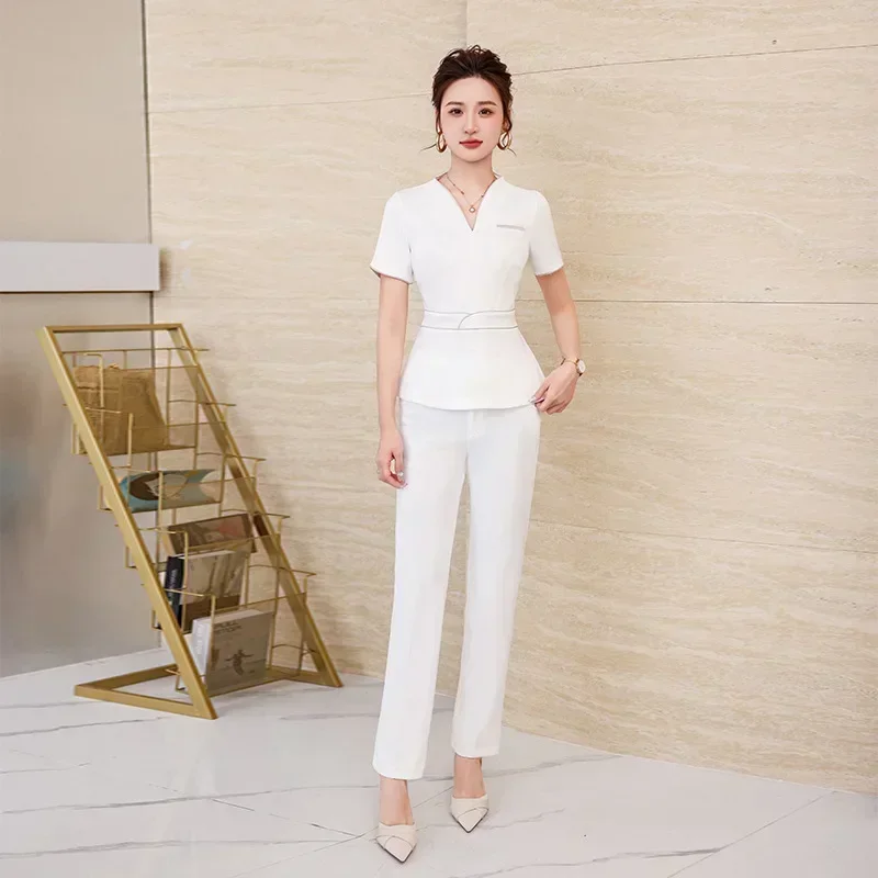 Beauty Uniform Spa Hotel Front Desk Salon Uniform Dress Women Massage Outfits Esthetic Uniforms Summer White Beautician Clothing