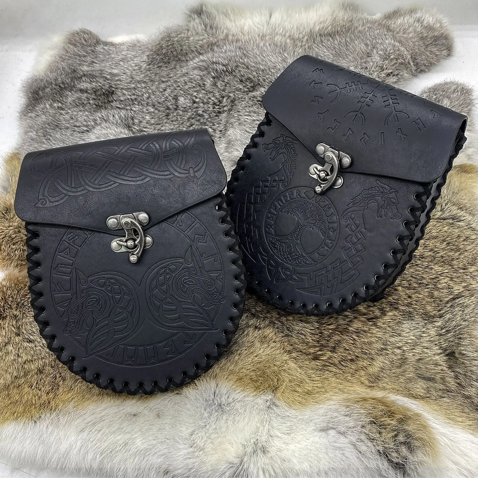 Unisex mittelalterliche Vintage Geldtasche Tasche Phoenix Wolf Totem Taille Gürtel Kostüm Requisiten Wikinger Leder Kordelzug Geldbörse