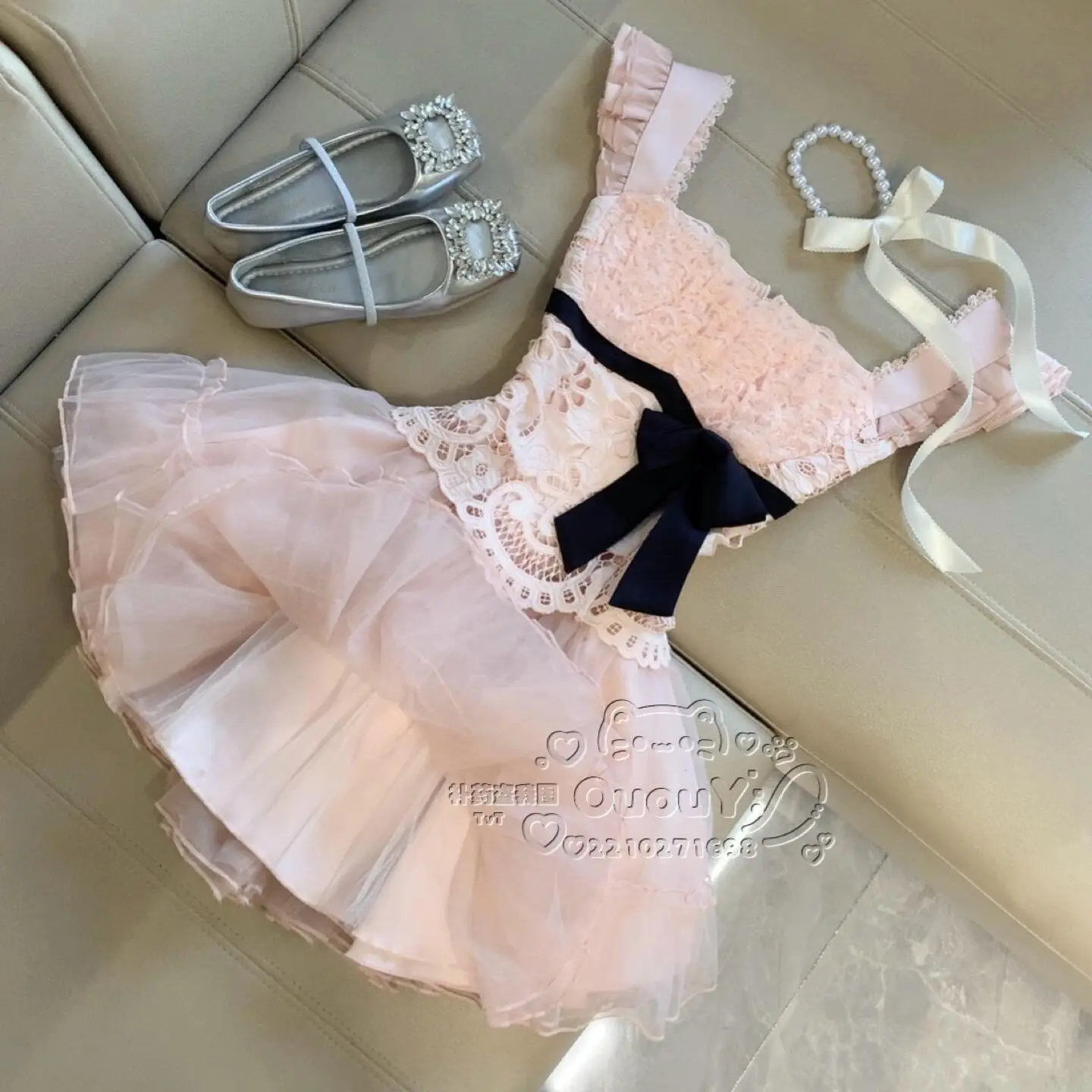 French Coquette Lace Bow Ruffled Strap Mini Dress Women Slim Fit High Waist Tulle Mini Dress Party Date Night Elegant Outfit view 3