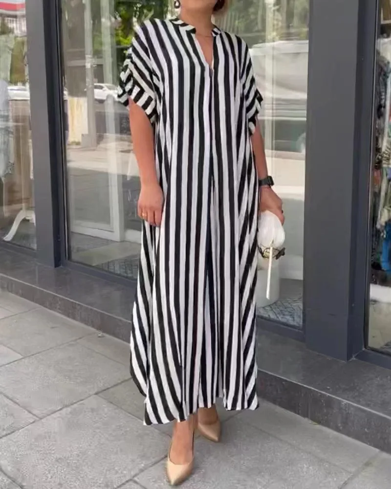 2024 AliExpress Europa i Ameryka Plus Size Damska transgraniczna letnia nowa dostawa Split Casual Stripe Sukienka z krótkim rękawem