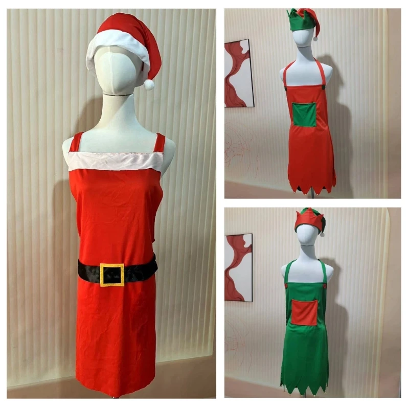 Adults Teenagers 2Pcs Christmas Festival Elf Apron and Santa Hat Set Party Cosplay Costumes Props Holiday Waitress Uniform