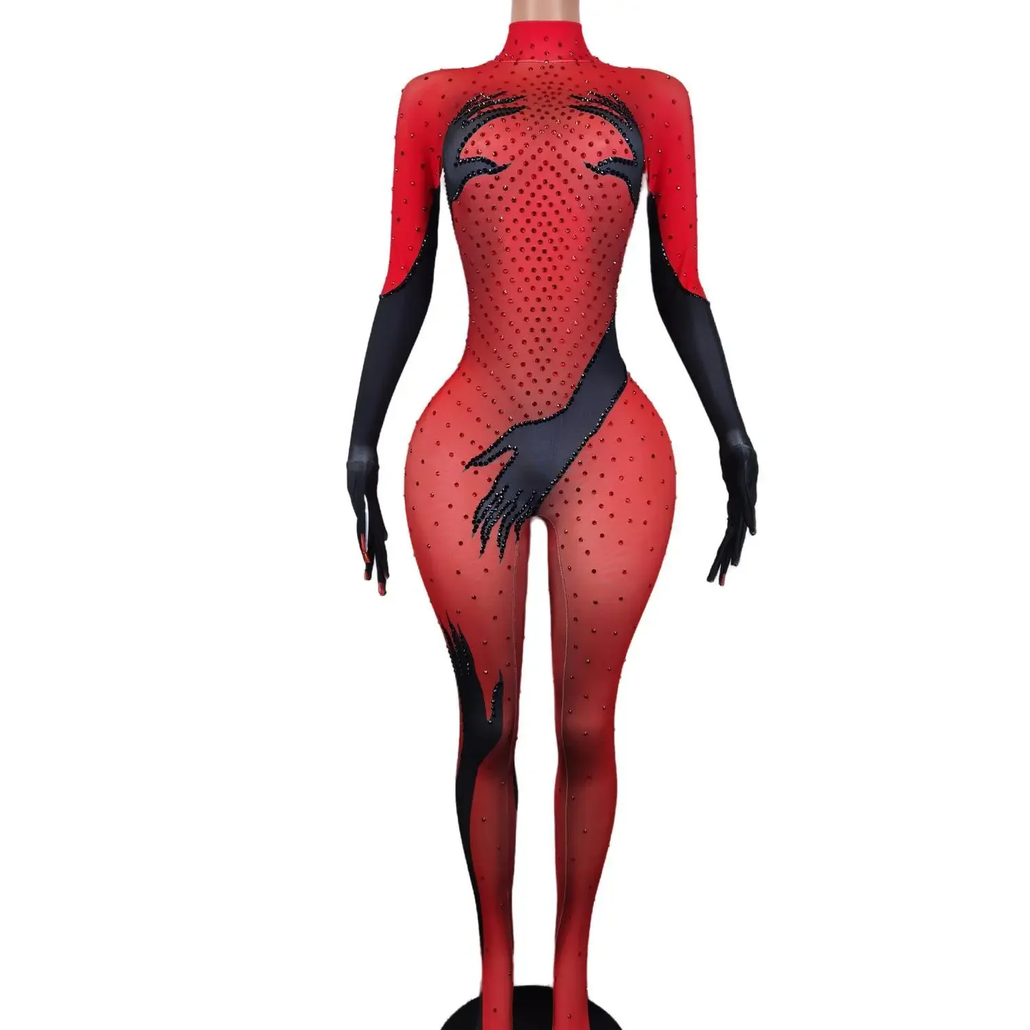 

Sexy Gogo Dance Wear Drag Queen Costume Halloween Nightclub Ds Dj Club Bodysuits Women Party Prom Rhinestones Jumpsuit Gloves