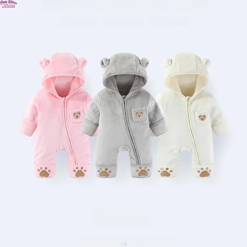

Infant Baby Girls Boy Winter Fleece Thickened Onesie 0-12M Newborn Baby Romper Bear Ear Hooded Jumpsuit with Paw and Pocket Warm
