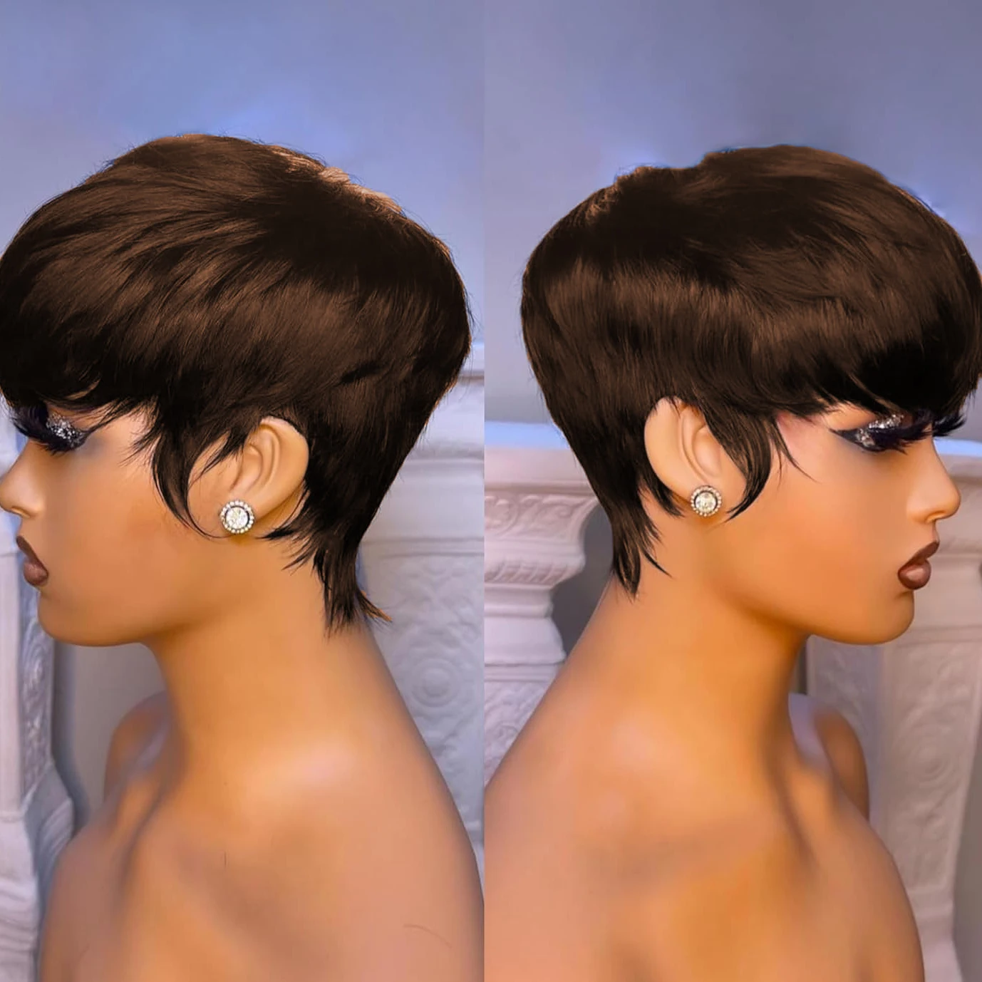 픽시 컷 스트레이트 인모 가발 여성용 전체 기계 제작 인모 가발 150% 밀도 6인치