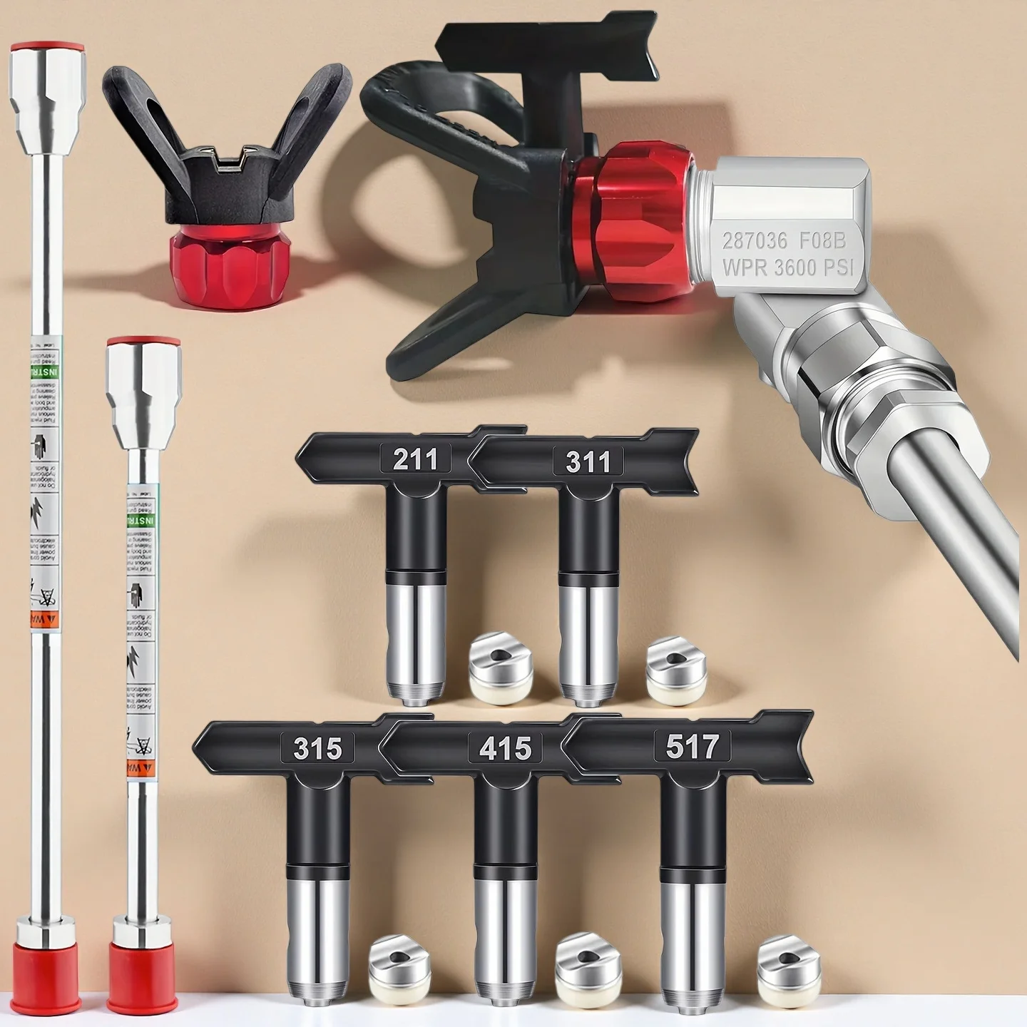 

Полный комплект безвоздушного распылителя краски: удлинительные штанги, распылительные насадки, поворотный шарнир и защитные колпачки для насадок, для покраски стен и ограждений