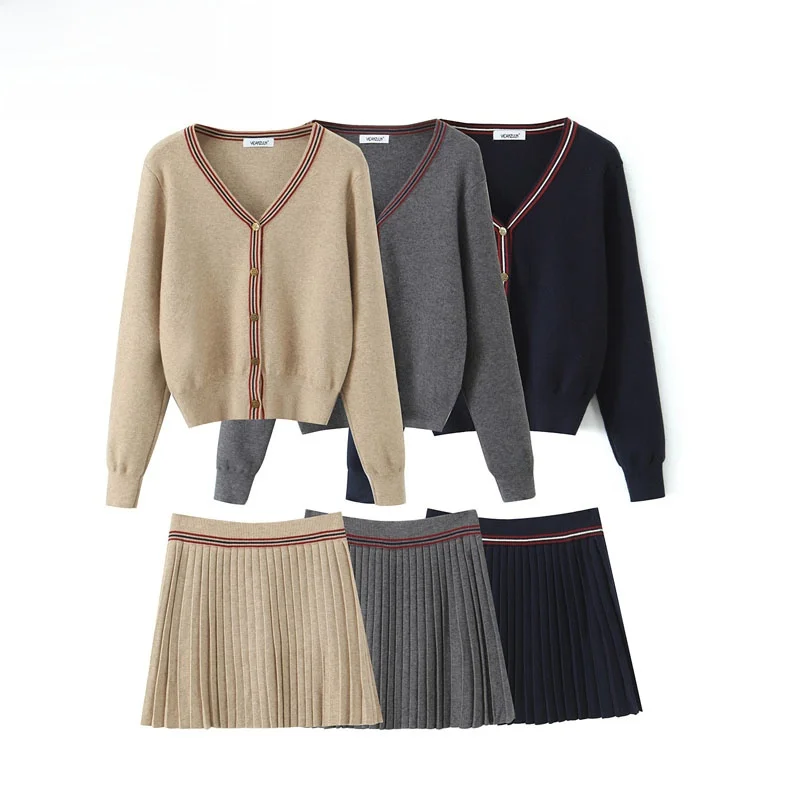 

Новое осеннее поступление, женский вязаный контрастный цвет, открытая юбка-кардиган с v-образным вырезом, комплект из двух предметов для колледжа, длинный све, теплый