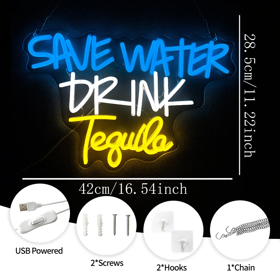 Save Water Drink Tequila Neon Sign For Wall Decor,Light Up Sign For Home Bar,Restaurant,Man Cave,Bistro,Club,Party Decor Gift