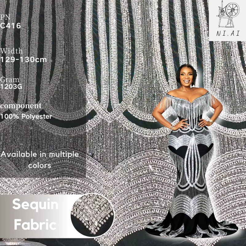 

Newest Heavy Handmade Embroidered Floral Beaded African Fabric Sequins Beads Mesh Tulle For Luxury Ball Gown Dress Lace Fabric