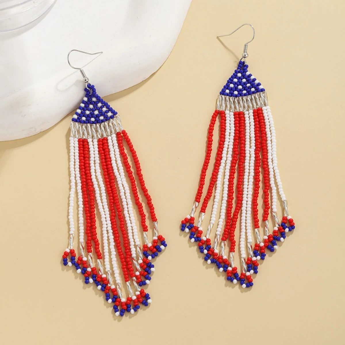 Original Design Bohemian Style USA Flag Style Rice Bead Tassel Earrings Handwoven Fashionable and Personalized Women\'s Style