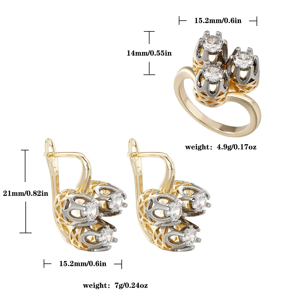 Elegant Hollow Flower Cluster Inlaid Zircon Earrings and Ring Set, High-End Two-Tone Gold Mother Gift, Versatile for Commuting