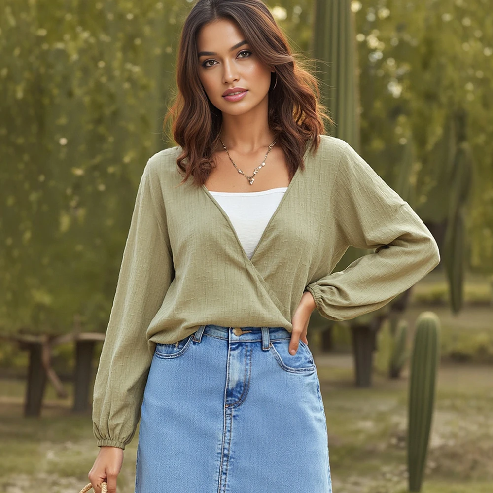 

Mia Muse Boutique Women's Blouses Autumn Winter Fashion Daily Basic Ventilate Solid Color Long Sleeve V-Neck Casual Blouses