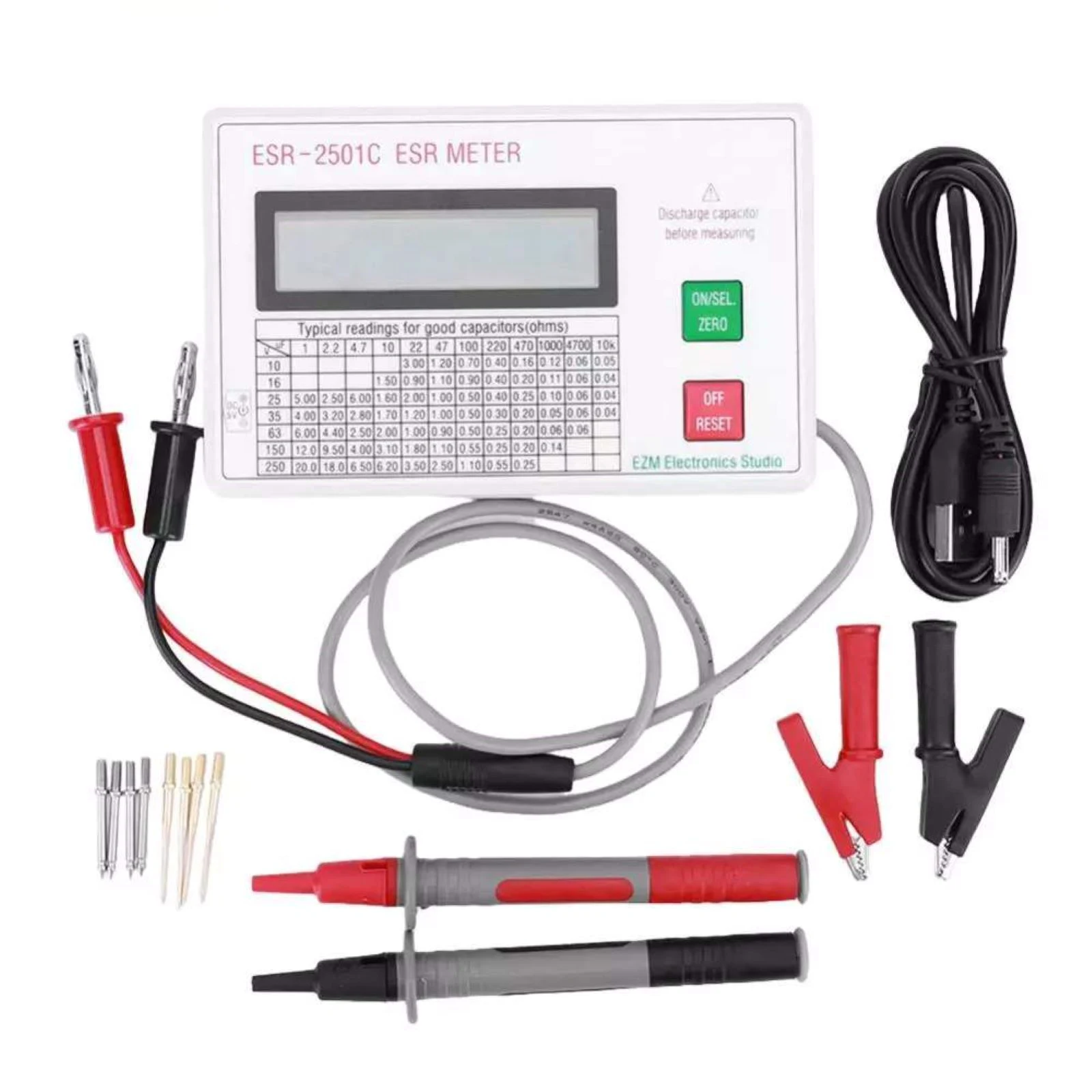 ESR2501C Capacitor ESR DCR Tester Test In Circuit Capacitance Meter With Test Leads Clip Battery