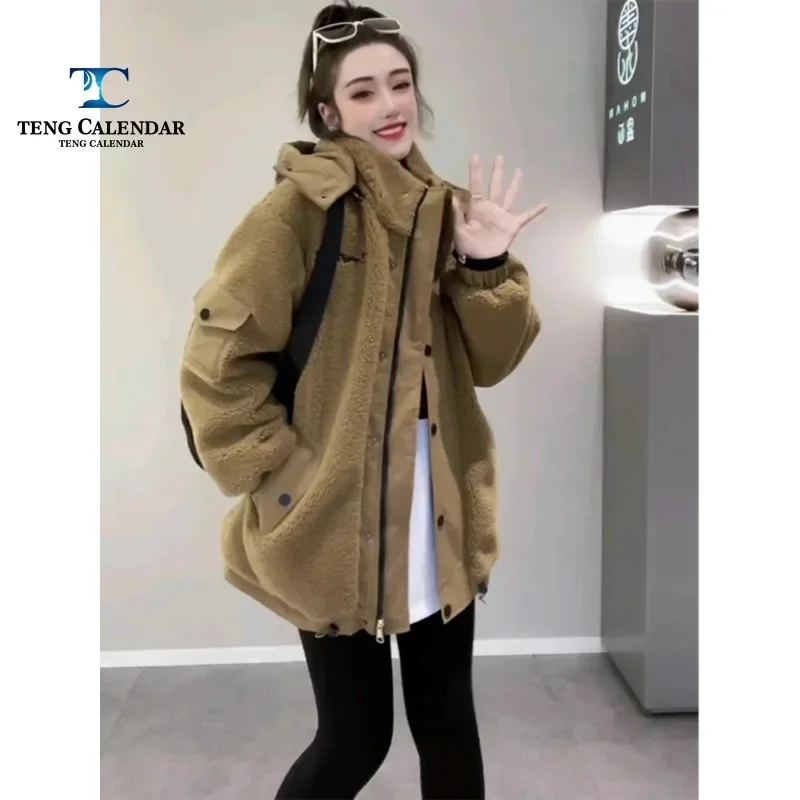 Women's Winter Jacket, Imitation Lamb Plush Hooded Jacket with Cotton Clip, Medium Long Fleece Loose Cotton Jacket,