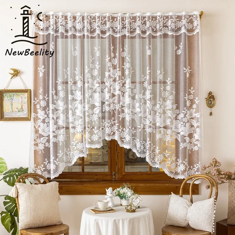 European White Lace Kitchen Partition Tulle Jacquard Flower Coffee Door Curtain Bay Window Short Tulle Cabinet Decoration Drapes