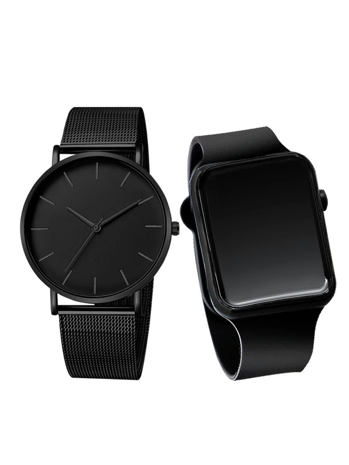 2Pcs Men's Casual Fashion Scale Black Mesh Band Quartz Watch LED Men's Square Sports Electronic Watch Set Christmas Gift