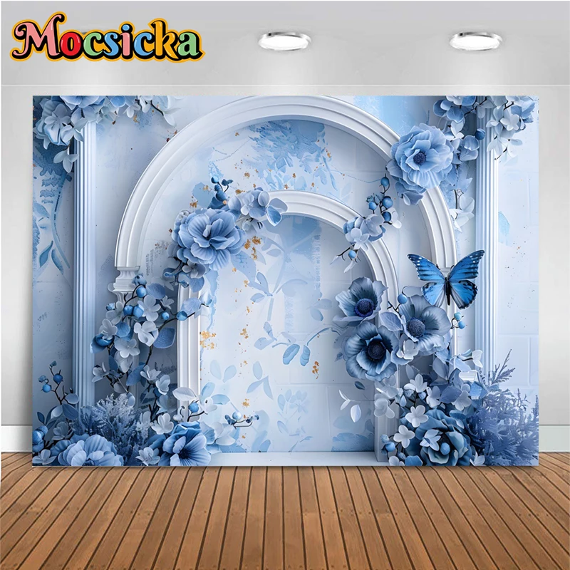 Blue Flower Wall Backgrounds For Photographs Butterfly Baby Shower Photo Birthday Wedding Backdrops Party Decorations Photocall