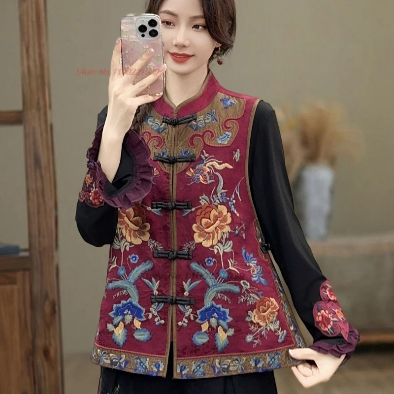 2025 chinese vintage vest national flower embroidery satin jacquard vest tang suit oriental stand collar vest sleeveless jacket