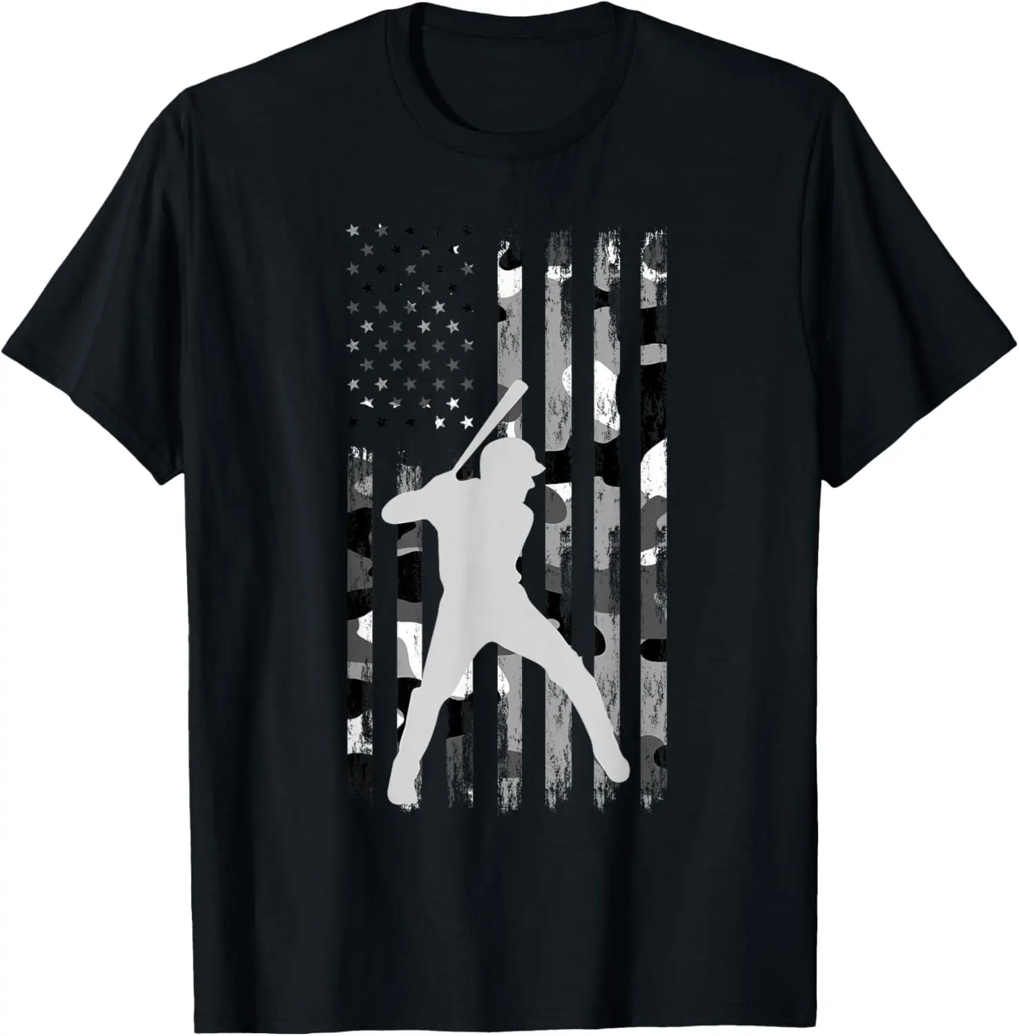 

Baseball Player American Flag Camo Graphic Tee Patriotic Sports Cotton Short Sleeve T-Shirt