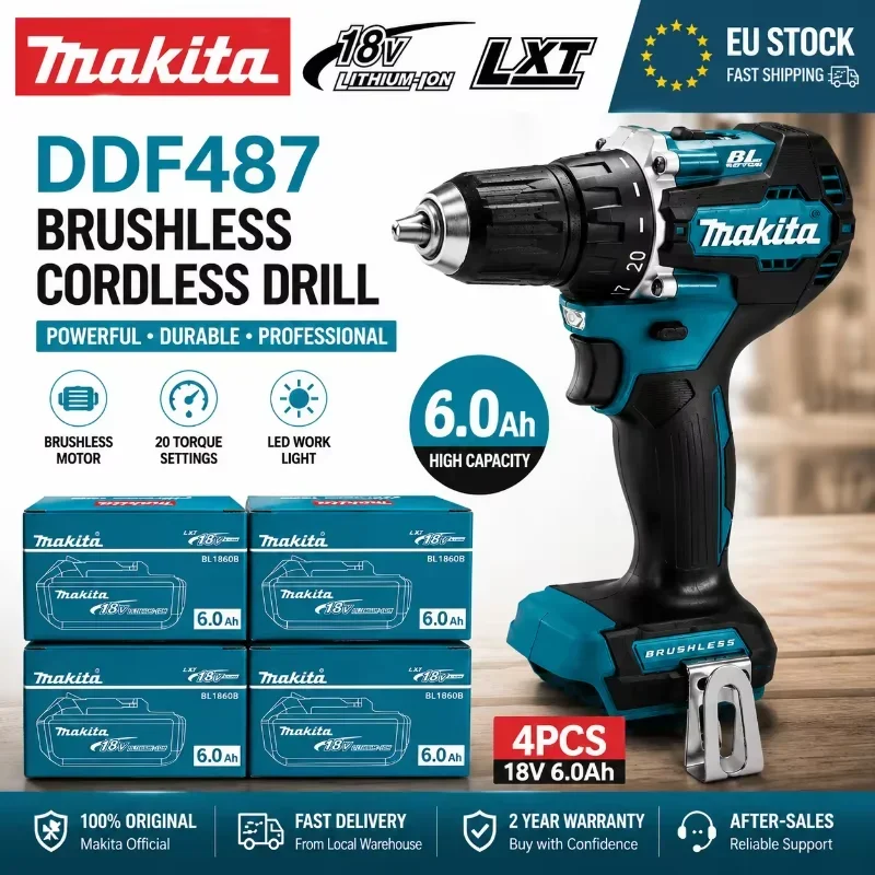 Trapano avvitatore elettrico a batteria Makita 18V LXT, modello DDF487, con motore brushless, 10 mm, coppia elevata + set di utensili elettrici con batterie BL1860B e BL1840. Consegna rapida.