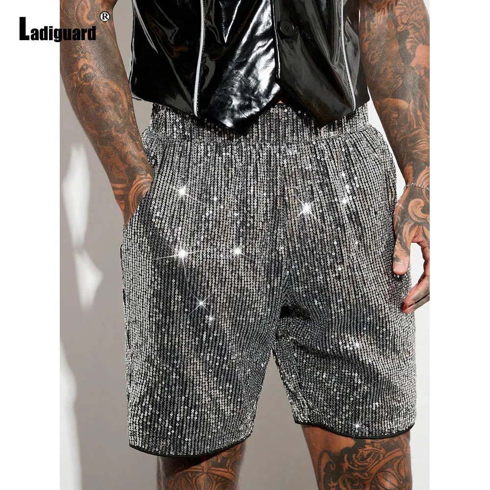

Мужские повседневные прямые шорты с карманами-стойкой, 2021, европейские сексуальные танцевальные шорты с блестками, серебристые, черные, мягкие полубрюки с эластичной резинкой на талии