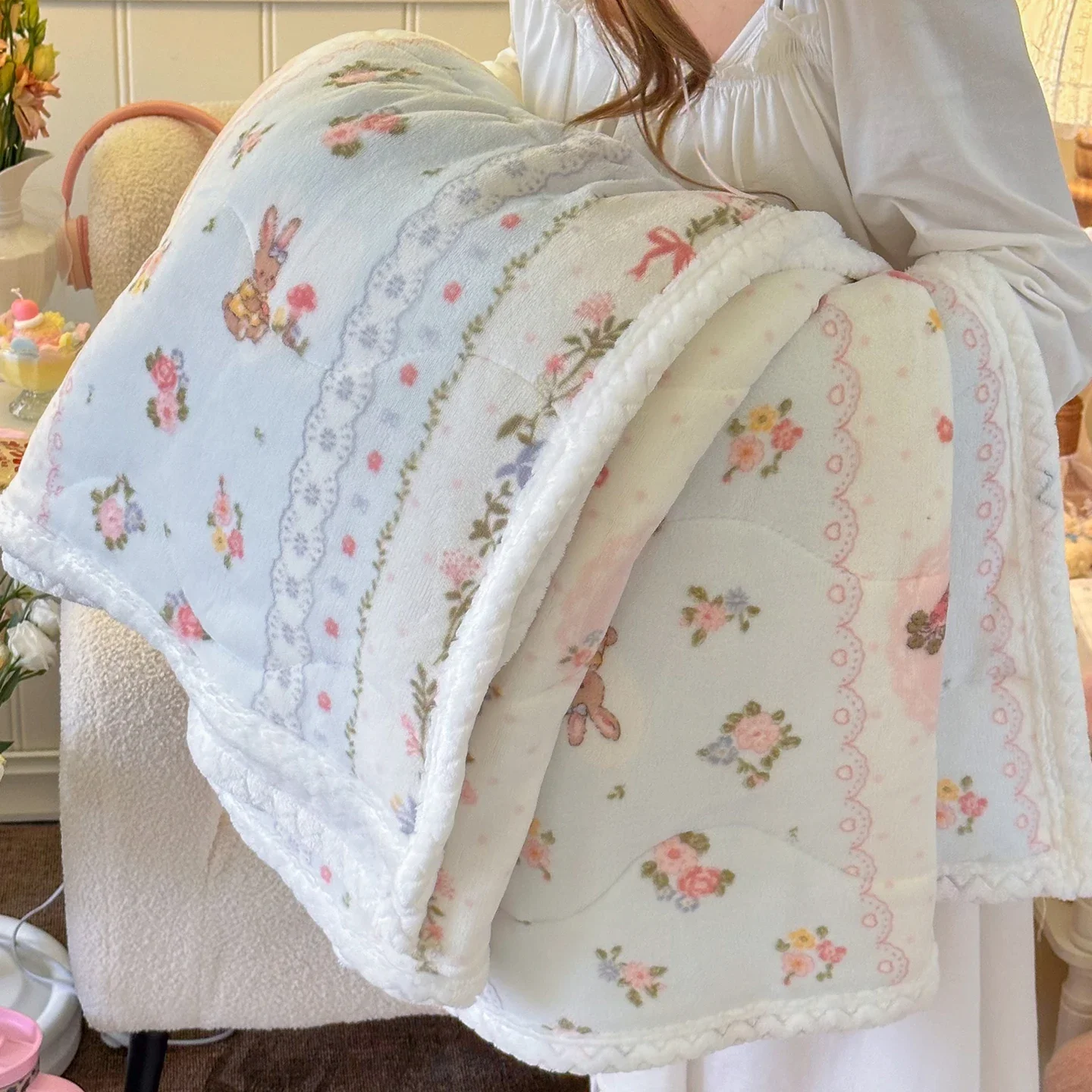 Weiche Flanelldecke mit Cartoon-Kaninchen-Aufdruck, Winter, warm, gemütlich, Überwurfdecke für Bett, Sofa, Reisen, floral bedruckte weiche Plüschdecken