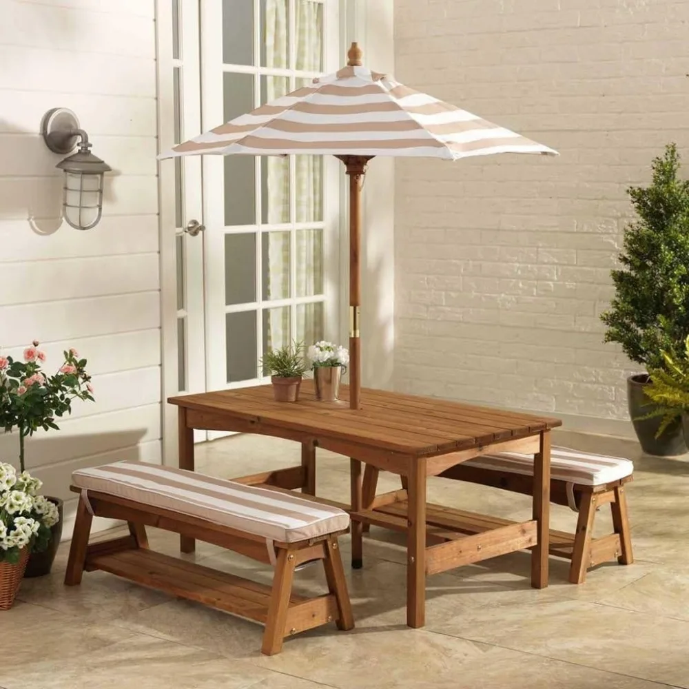 Outdoor Wooden Table & Bench Set with Cushions and Umbrella, Kids Backyard Furniture, Espresso with Oatmeal and White Stripe