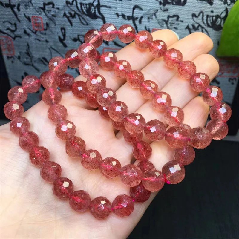 Natural Strawberry Quartz Facet Bracelet Gemstone Round Bead Crystal Healing Gemstone Bracelet Jewelry Gift 1PCS 8mm