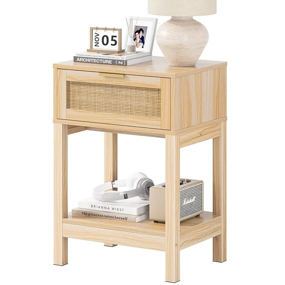 

Rattan Nightstand, Side Table With Drawer Open Shelf, Cane Accent Bedside End Table With Solid Wood Legs, Boho Bedside Table