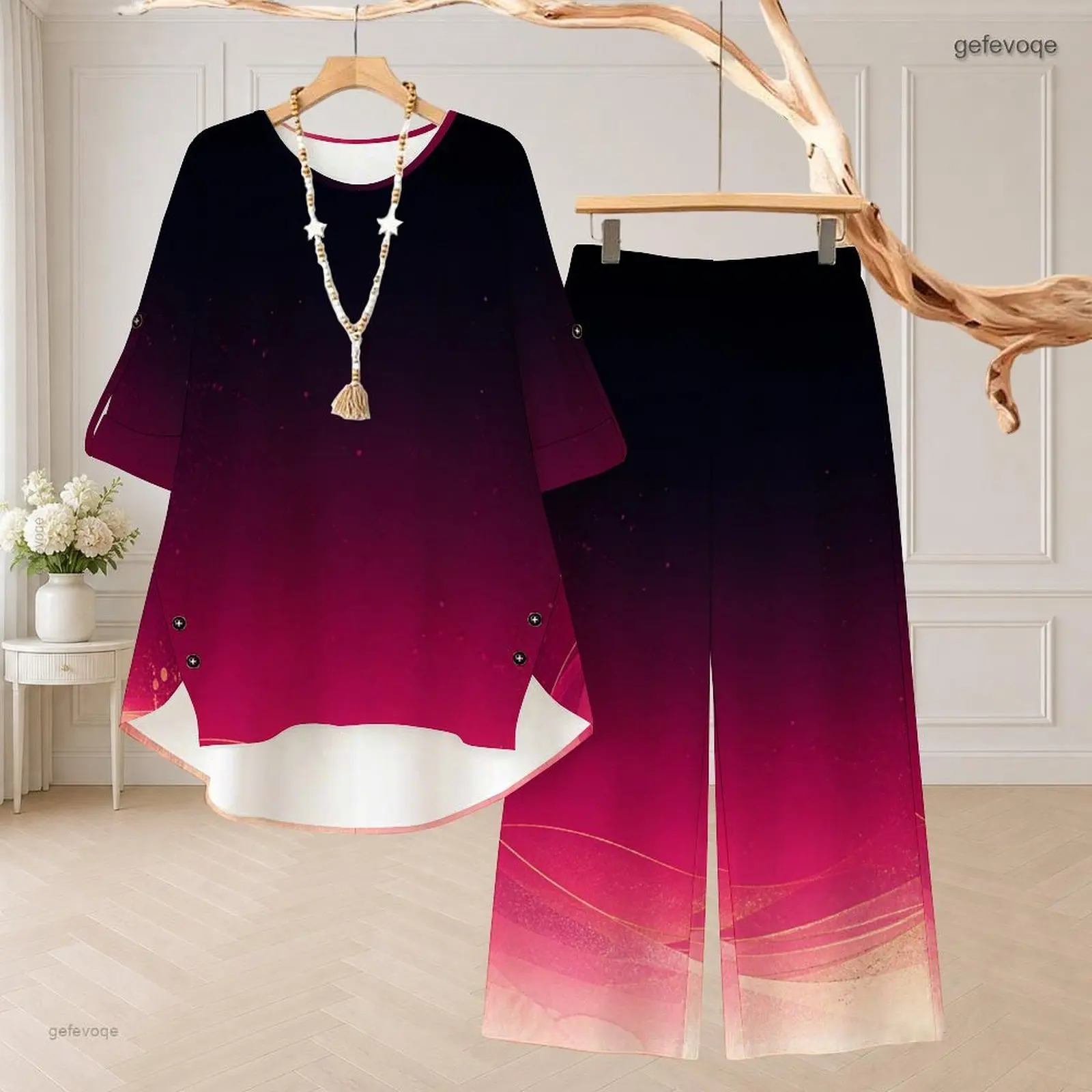 Women Printed Gradient Round Neck 3/4 Sleeve High Low Top and Long Pants Two Piece Set