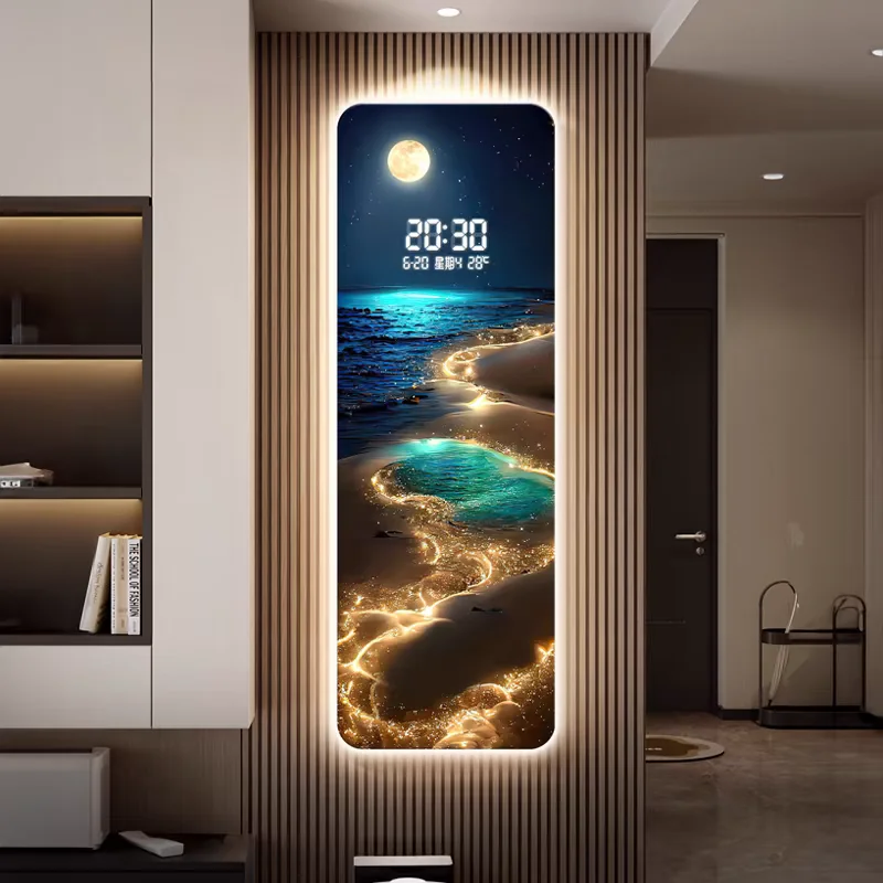 Light Luxury Advanced Waves Moon Landscape Element Design Digital Clock LED Lamp Carbon Crystal Plate Carved Decorative Painting