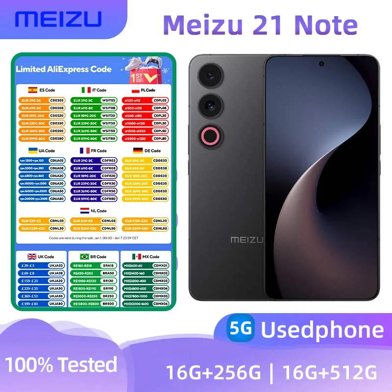 Meizu 21 Note 5g Smartphone CPU Snapdragon 8 Gen2 Screen 6.78-inches 50MP+16MP Camera 5500mAh Battery Original Used Phone