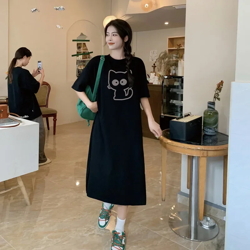 Cartoon cat print short-sleeved women's new summer and autumn loose round neck home dress - Image 4