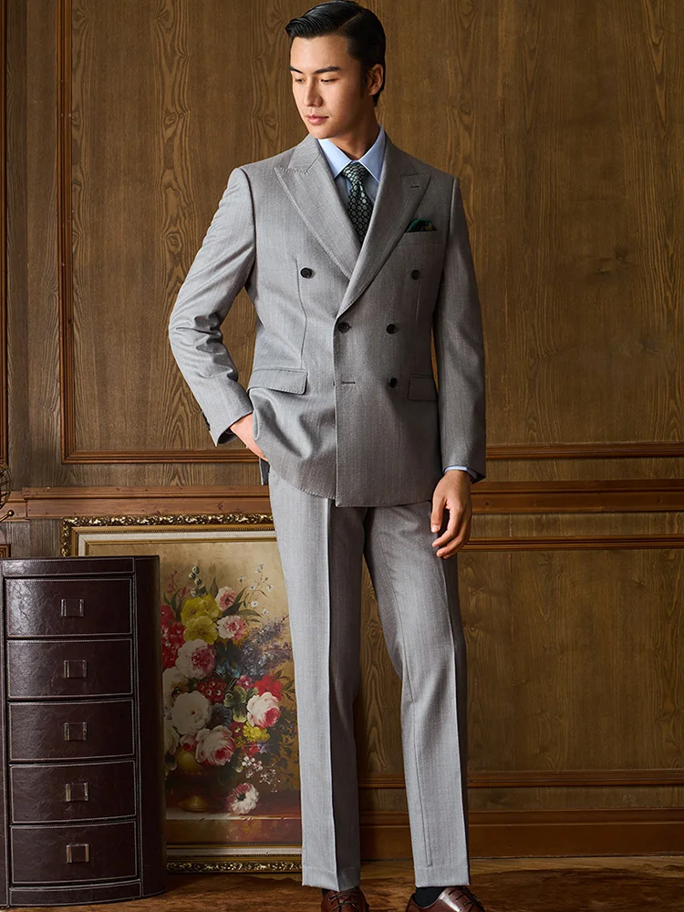 100% Wool Mens 3 Piece Double Breasted Suit Wedding Groom Wear Grey Slim Fit High Quality Blazer Vest Pant Normal Daily Clothing