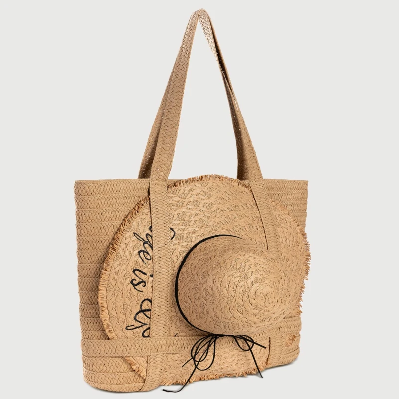 البوهيمي حقائب القش للنساء 2025 جديد سعة كبيرة حقيبة يد عطلة عادية مع قبعة الاتجاه أنيقة موضة حقيبة كتف أنيقة #2