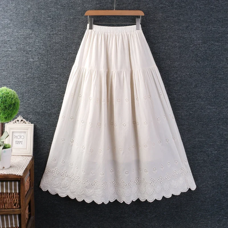 

Mori Girl Cotton Linen Hollow Out Skirt for Women, Elastic Waist, Casual Loose A-line Skirts, Monochromatic, Spring, Summer